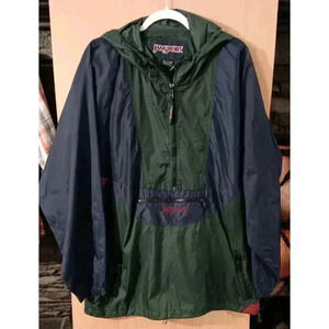 Jansport Vtg 90s Sz Large Nylon Color Block Stow-Away Pocket Windbreaker Hooded‎